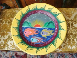 Pottery Platter, Wall Decor, Hand Painted Fishes, sea and Sun Original - $100.93