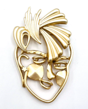 Vintage 80&#39;s Matte Gold Tone Open Work Modern Abstract Woman Face Pin - $21.78