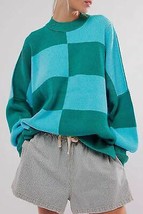 Green Checkered Side Slits Drop Shoulder Oversized Sweater - £36.26 GBP