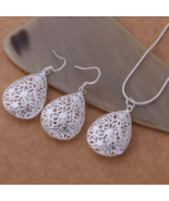 Filigree Puffy Teardrop Pendant Necklace and Earrings Set Sterling Silver - $15.14