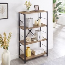 4 Tier Open Bookshelf, Vintage Free Standing Book Shelf, Rustic Wood And Metal B - £130.57 GBP