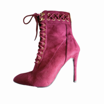 Pre-Owned Faux-Suede Burgundy Wine color Lace Up High Heel Booties Sz 7 - £19.66 GBP