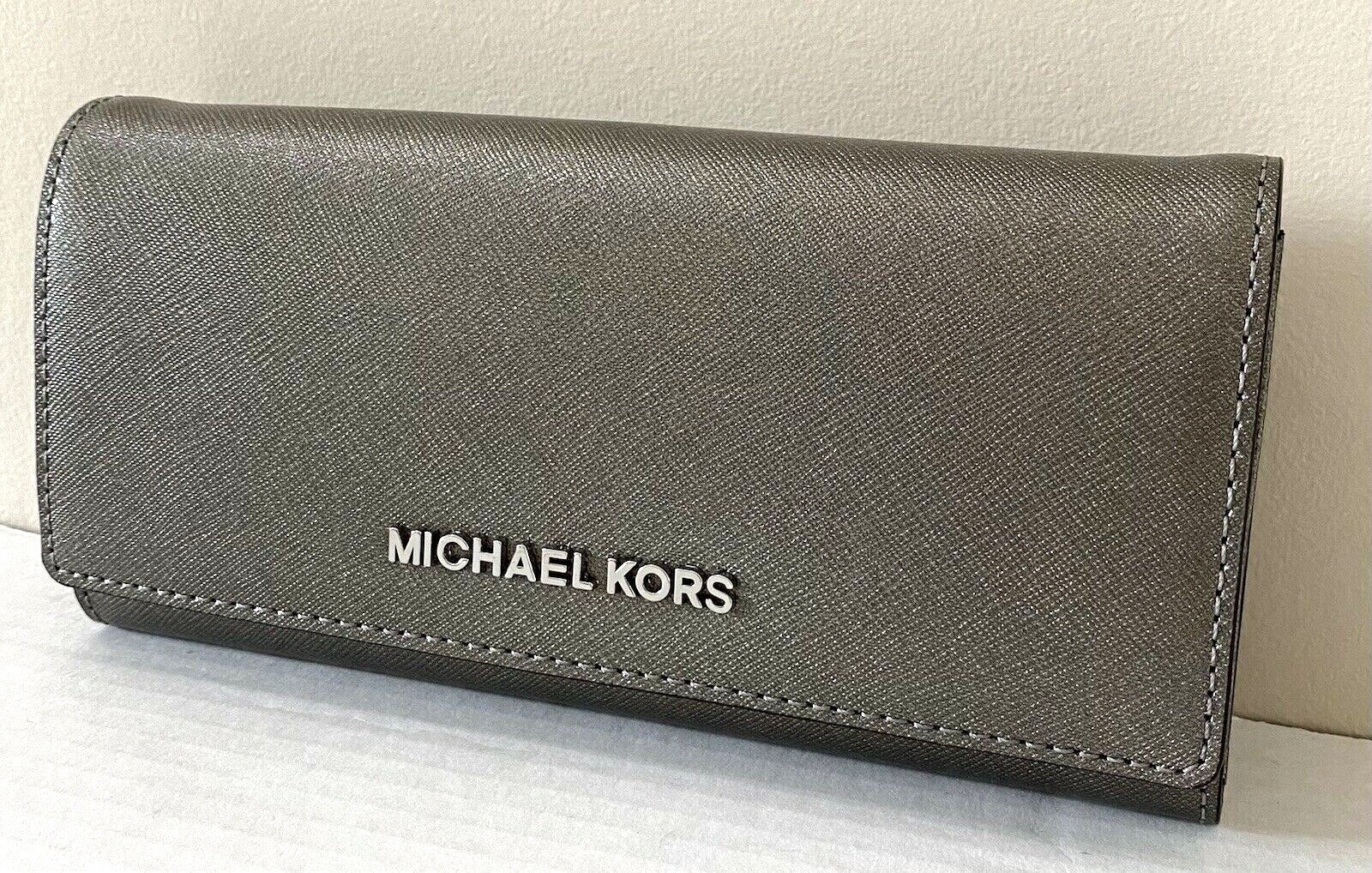 New Michael Kors Jet Set Travel Carryall Flap Wallet Metallic Leather Nickel Item image 3