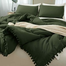Comforter Set Queen Size Pom, 3 Piece Boho Bed Set, All Season Farmhouse Microfi - £91.74 GBP
