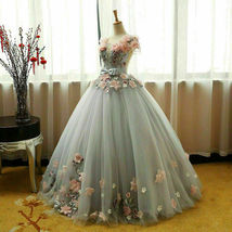 Grey Ball Gown 3D Flowers Princess Party Gown,Sweet 16 Quinceanera Dress Ball Go - £184.05 GBP