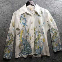 VTG Womens Button Up Peakcock Game Birds stained 19” Chest White Polyester - £12.55 GBP