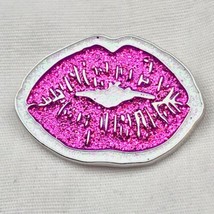 Pucker Up Kissing Lips Pin Glitter Enamel Metal Silver Tone - £7.95 GBP