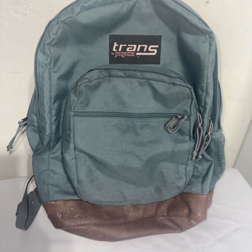Primary image for TRANS By JANSPORT Unisex Sage Green Leather Bottom School Backpack Book Back EUC