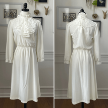 Vintage 70s Halmode Ivory Long Sleeve Lace Ruffle Mock Neck Modest Dress S - $562.46 MXN