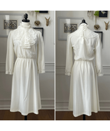Vintage 70s Halmode Ivory Long Sleeve Lace Ruffle Mock Neck Modest Dress S - $556.49 MXN