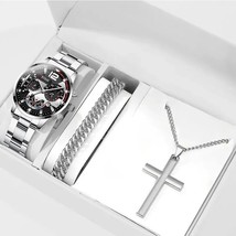 Watch Gift Set Men Silver Black CHRISTIAN CROSS Chain + Bracelet 3 PIECE... - £11.79 GBP