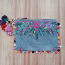 Steve Madden Steven Denim Jean Clutch Embroidered Floral Embellished Han... - $18.67