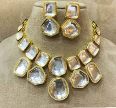 Indian Bollywood Style Kundan Polki CZ AD Choker Necklace Earrings Jewelry Set - £113.90 GBP