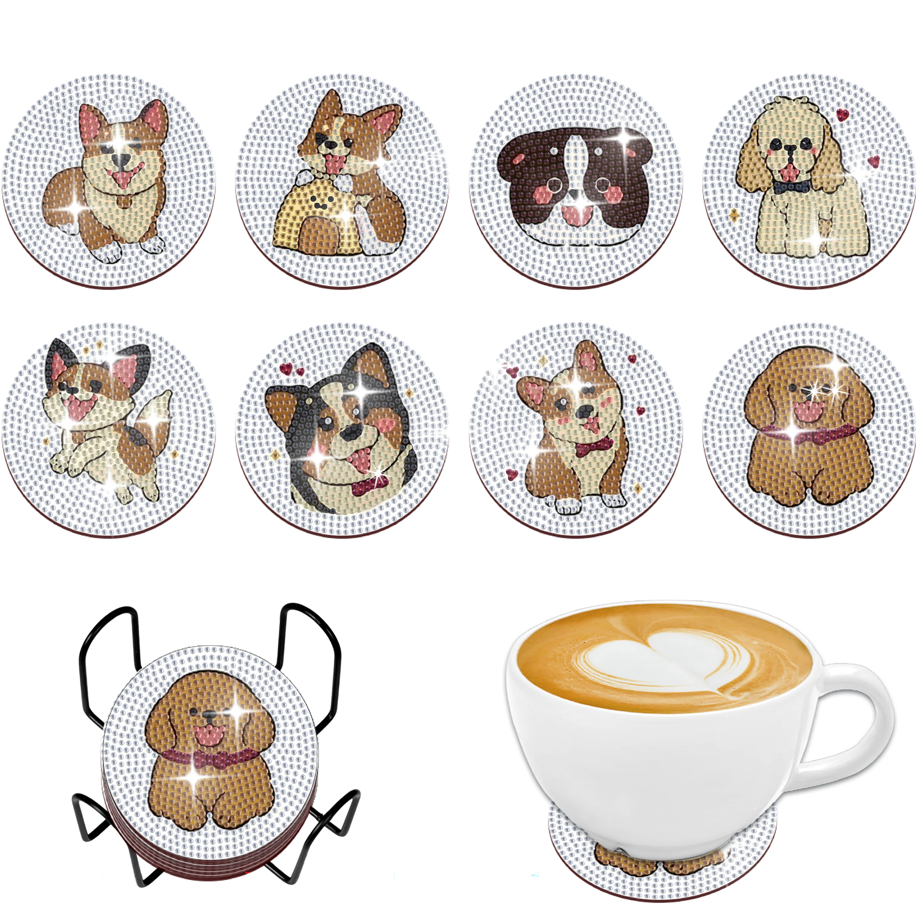 8pcs/Set DIY Dogs Diamond Painting Coasters with Holder Crystal Rhinestones Wood - £6.31 GBP