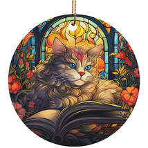 Cute Cat Book Ornament Multicolor Stained Glass Flower Wreath Christmas Gift - £11.57 GBP