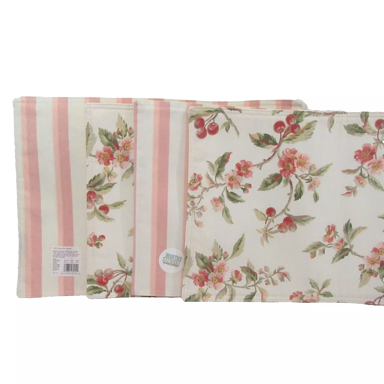 Martha Stewart Cherry Stripe Floral Pink Cotton 4-PC Placemat Set - £30.46 GBP