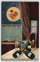 New Years Smoking Man in the Moon Champagne Calendar Embossed Postcard U20 - £23.68 GBP