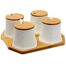 Elama Ceramic Spice Jam Salsa Jars with Bamboo Lids, Tray, and Serving Spoon - £33.28 GBP
