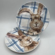 2 Pier 1 Easter Henry Bunny Rabbit Blue Ironstone Salad Side Plates Plaid - $30.84