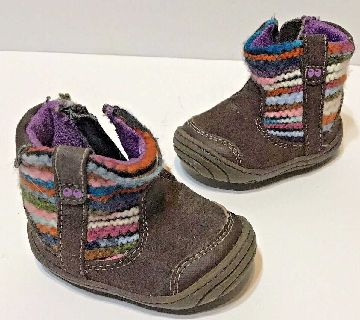 Primary image for Surprise Stride Rite Baby Girl Size 2 Brown Boots Multi Knit Trim Side Zip