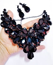 Rhinestone Necklace Earrings, Jet Black Crystal Jewelry, Pageant Bridal Prom Cho - £66.14 GBP
