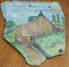 Painting of Barn on Slate- Signed RC, 8.5 x 9 inches - £18.24 GBP