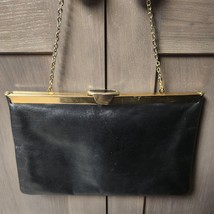 Etra 1960&#39;s Vintage Envelope Clutch - Genuine Leather Purse- Black with Gold - £15.95 GBP