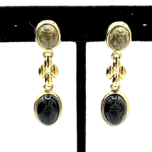 SCARAB gold-tone dangle earrings - carved green unakite &amp; black onyx sto... - $35.00