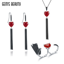 Gem&#39;s Beauty Real 925 Silver Jewelry Set With Tassel Heart Red Agate Ring Pendan - £166.65 GBP
