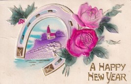 A Happy New Year Horseshoe Roses Holly 1913 Freistatt MO  Postcard D59 - $2.99