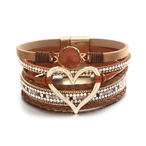 ALLYES Metal Love Heart Charm Leather Bracelets for Women Fashion Rhinestone Bra - £11.09 GBP