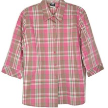 Southern Lady Womens Shirt Size Large Button Up 3/4 Sleeve Collared Coral Plaid - £10.36 GBP