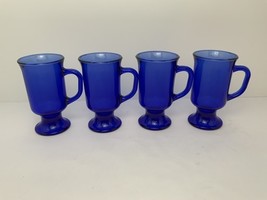 4 Vintage Anchor Hocking 16oz Cobalt Blue Glass Footed Pedestal Café Mugs - $34.60