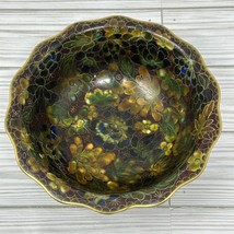 Cloisonné Enameled Brass Bowl Floral Flowers 7 In Vintage Blue Brown Orange - £28.23 GBP