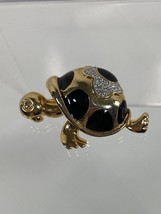 Vintage Turtle Brooch Rhinestone Black Enamel Gold-Tone Pin - £10.95 GBP