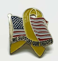 Support Our Troops USA Flag Lapel Hat Pin Yellow Ribbon Gold Tone - £14.72 GBP