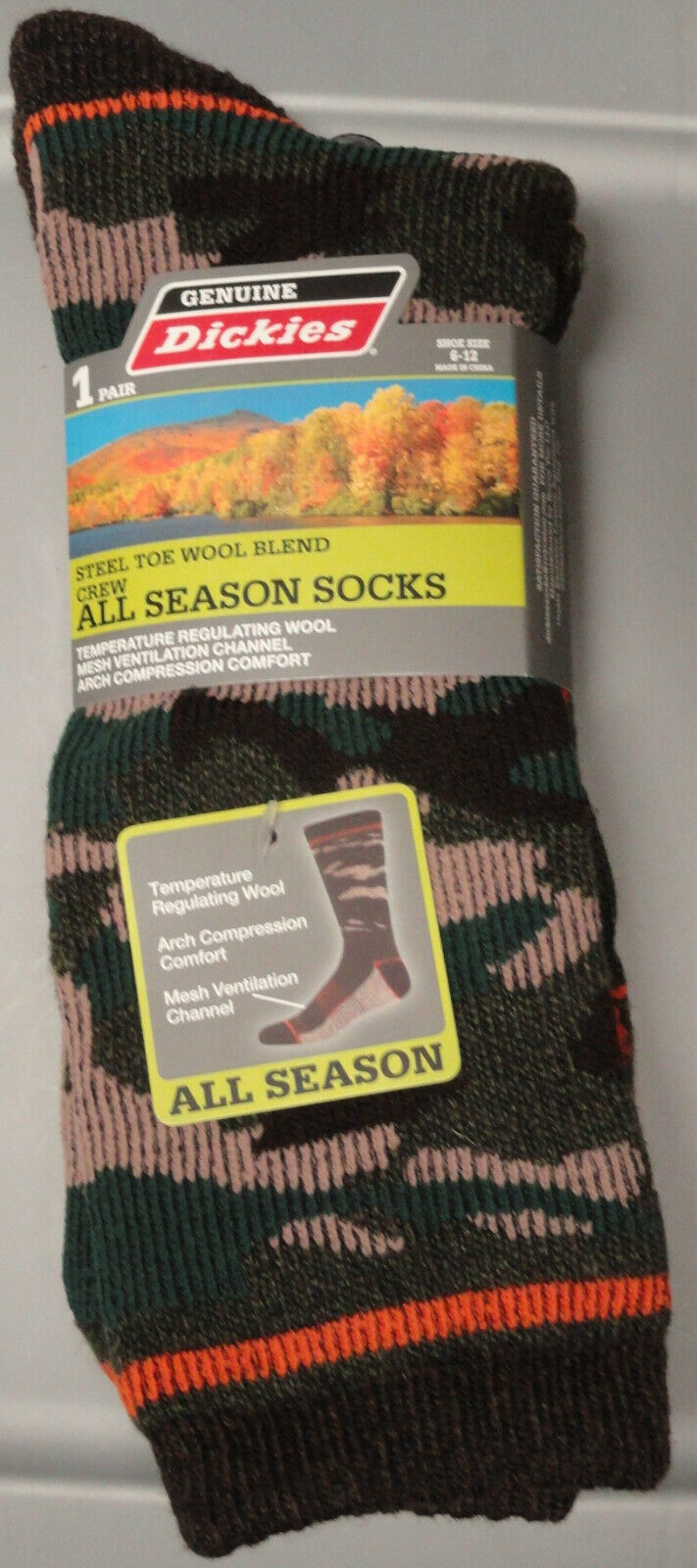 Dickies Steel Toe wool blend crew socks 6-12 Orange stripe green camo - $17.00