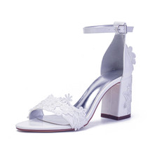 Block Heel Appliques Wedding Sandals for Bride Open Toe Ankle Buckle Strap High  - £61.07 GBP