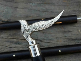 Antique Wooden Walking Cane With Silver Brass Flying Bird Head Handle Foldable - £56.63 GBP