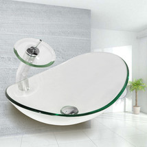 Oval Clear Tempered Glass Bathroom Vessel Sink &amp; Waterfall Faucet Chrome... - £87.92 GBP