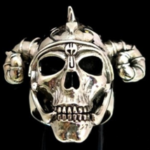 Huge Sterling silver Skull ring Ram Horned Viking Warrior high polished and anti - $165.00