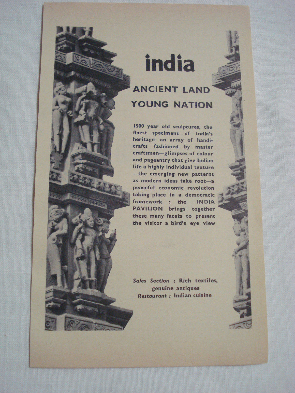 1964 World&#39;s Fair Ad the India Pavilion Ancient Land and Young Nation - $7.99