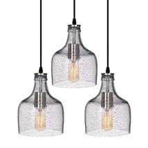 Pendant Lighting Kitchen Island Set Of 3 Hand Blown Clear Glass With Black Marbl - £176.42 GBP