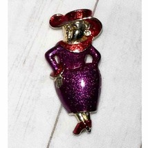 Vintage Goldtone Red Hat Lady Brooch Pin Purple Enamel Unsigned - £10.10 GBP