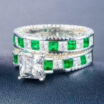 2.80Ct Princess Cut Emerald Simulated Ring Set Gold Plated 925 Silver - £88.62 GBP