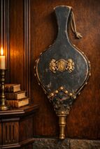 Vintage Fireplace Bellows Medieval Heraldic Crest Studded Leather &amp; Bras... - $73.49