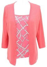 J. MCLAUGHLIN Sweater Cardigan Knit Coral Pink 2pc Shell Twinset 3/4 Sleeve S M - £72.49 GBP