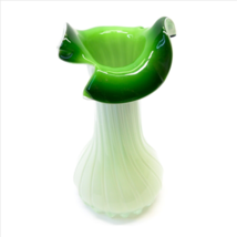 Vintage Hand Blown Art Glass Flower Vase Green Swirl Opalescent Ruffles 8&quot; heigh - £23.33 GBP
