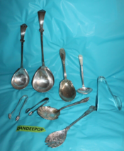 9 Vintage Spoons Tongs Ladles Rogers Nickel Sterling 1867 Community Silver - £31.64 GBP