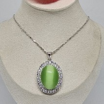 Green Cat Eye Cabochon Clear Rhinestone Oval Pendant Silver Tone Chain Necklace - £15.88 GBP